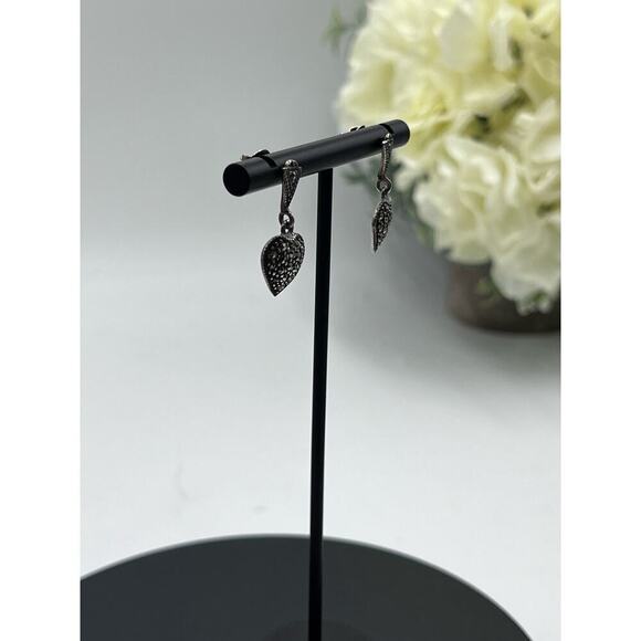 Sterling Silver 925 Marcasite Heart Drop Dangle Pierced Earrings - Picture 5 of 15
